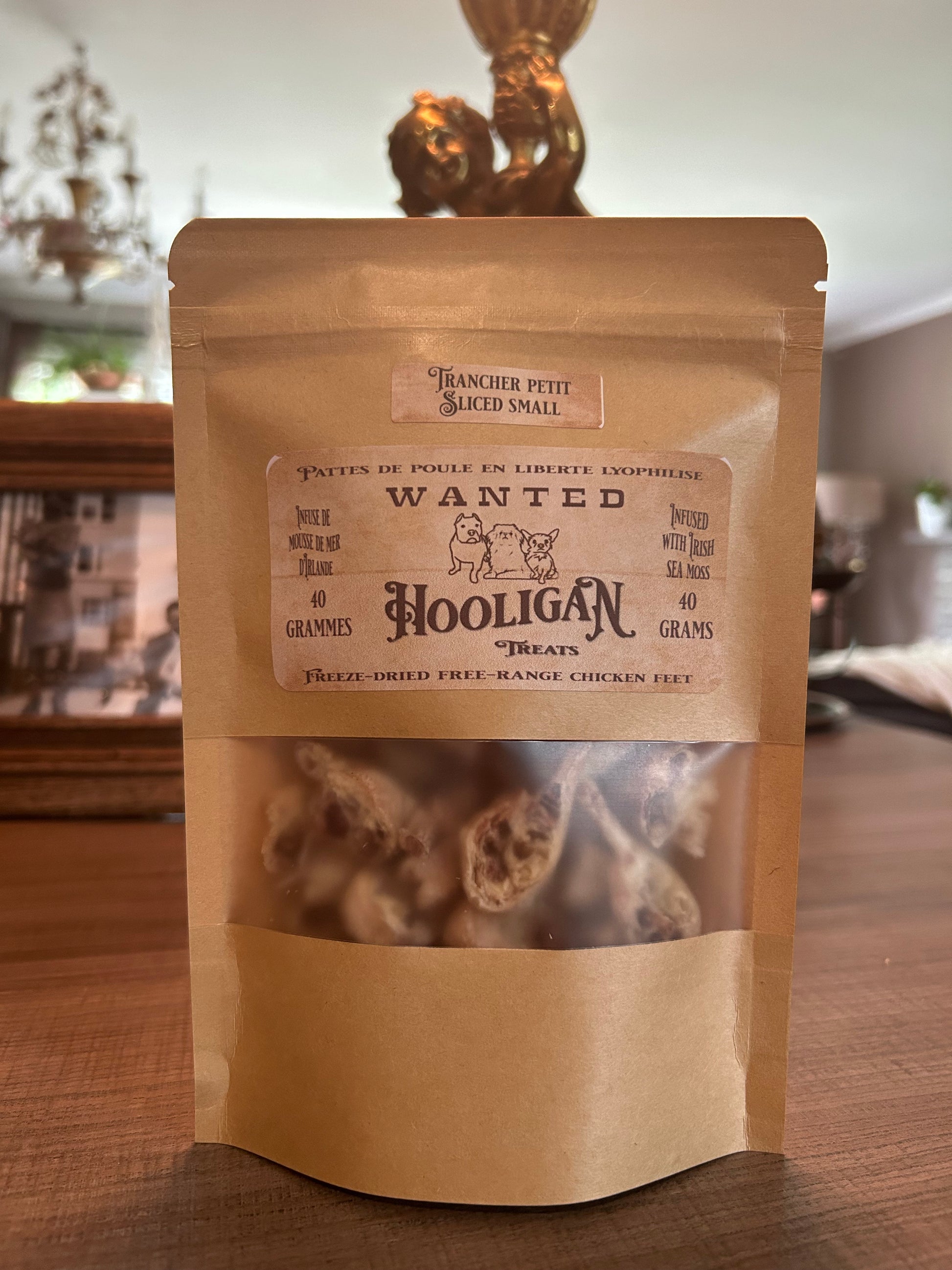 Hooligan treats, chicken feet, Infused with Wildcrafted Irish Sea Moss, Small sliced, 40 g bag