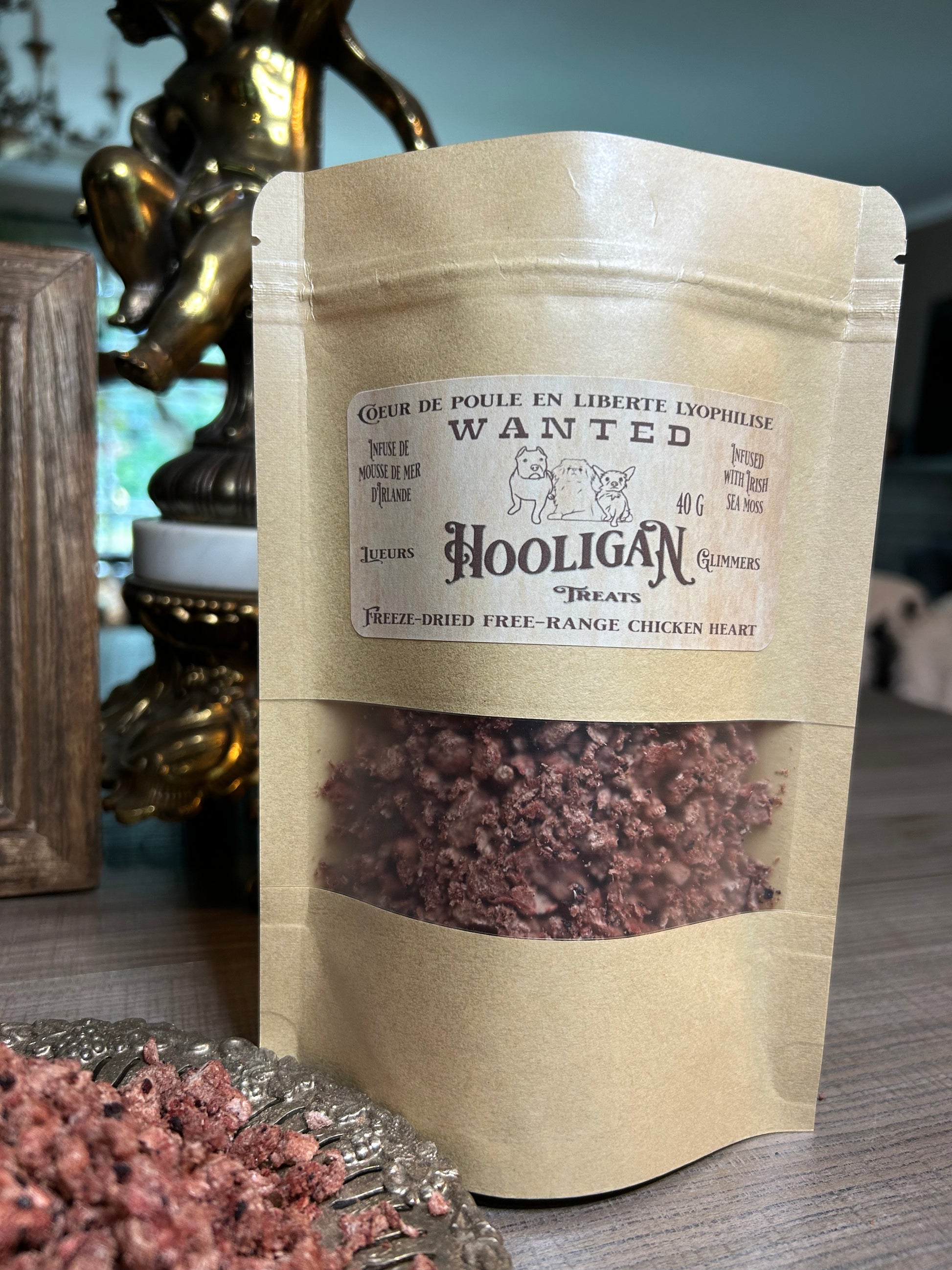 Hooligan treats, chicken heart, Infused with Wildcrafted Irish Sea Moss, Pixie Glimmers, 40 g bag
