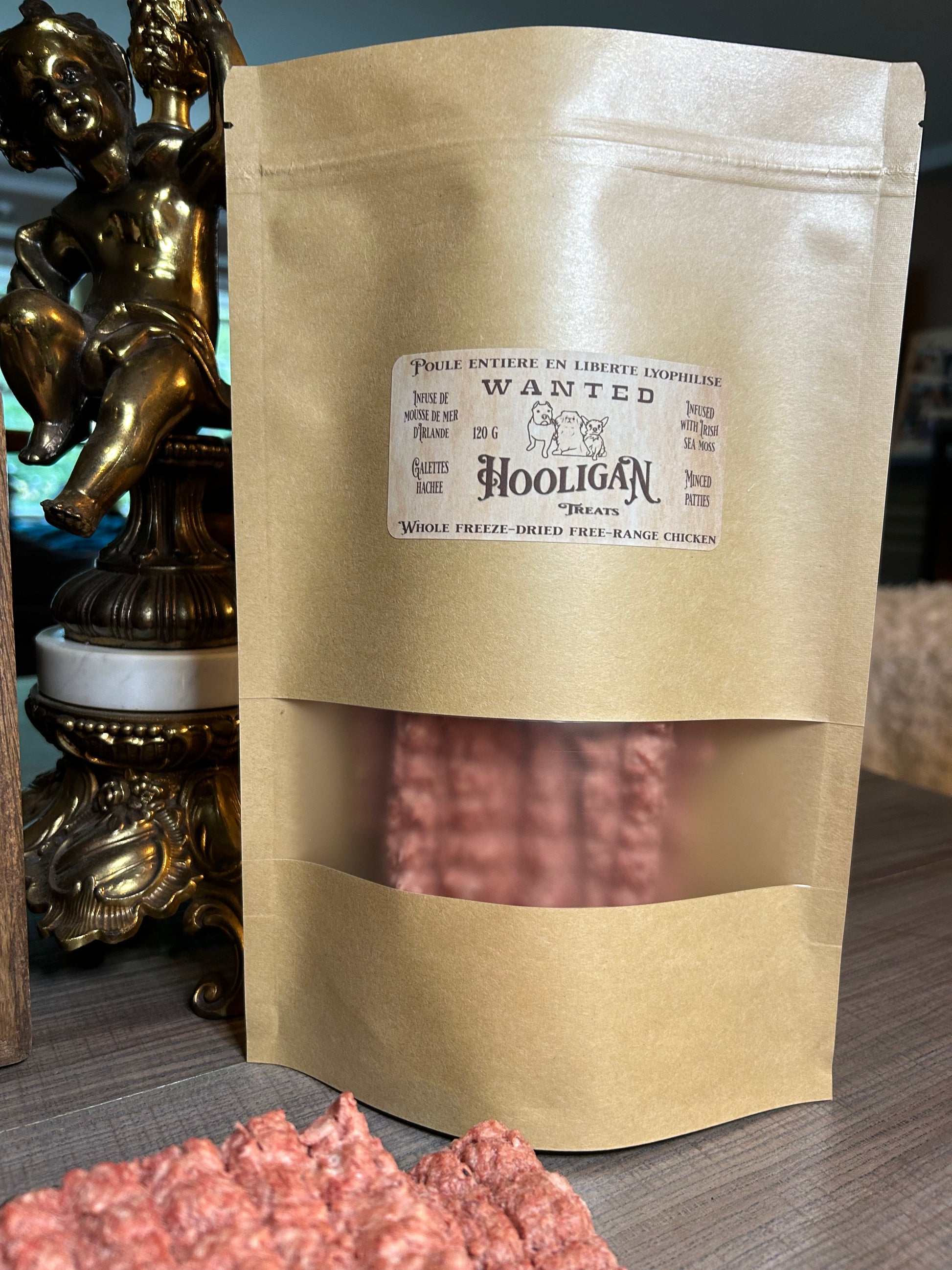 Hooligan treats, whole chicken, minced patties, infused with wildcrafted Irish sea moss, 120 g bag