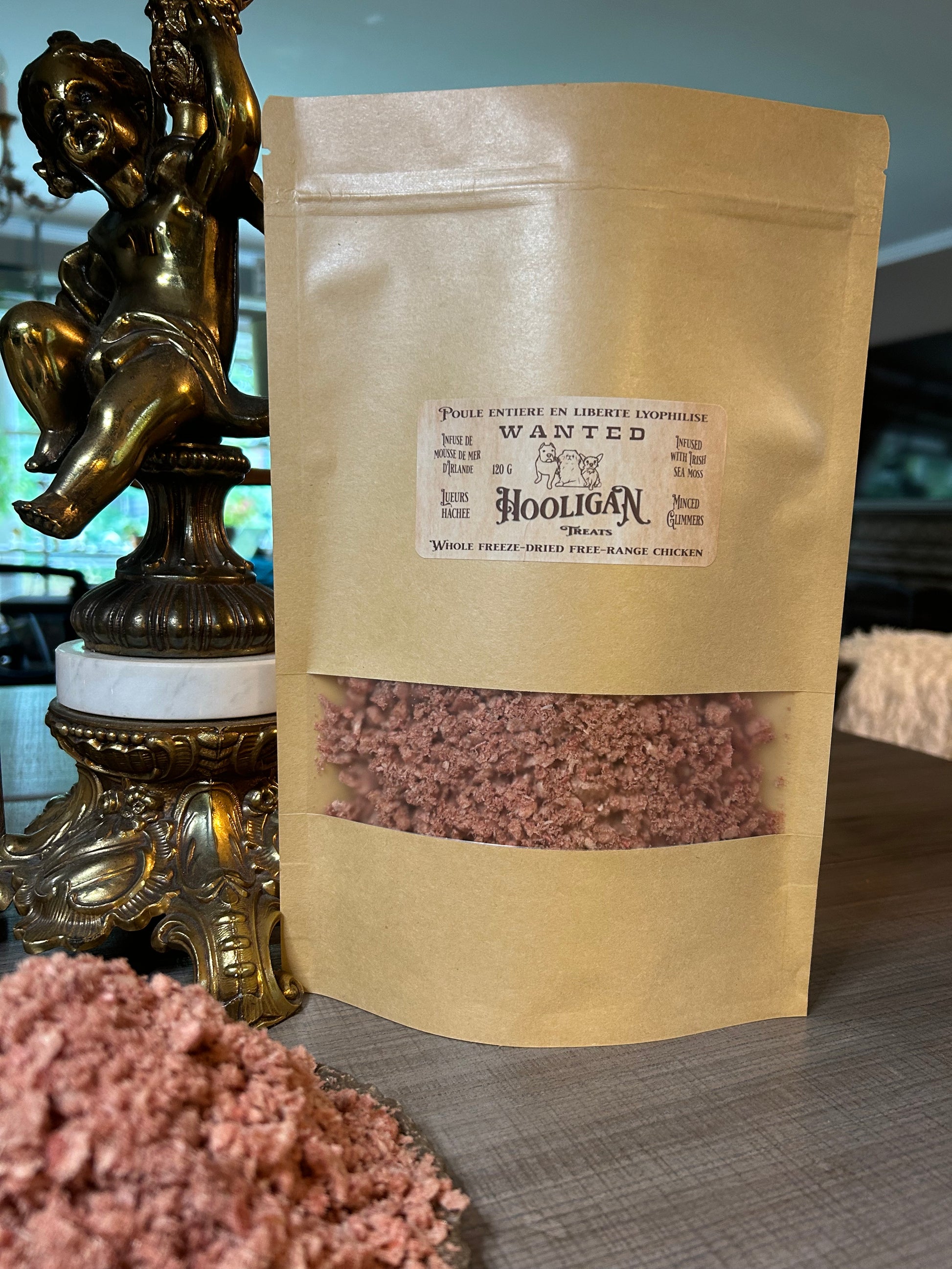 Hooligan treats, whole chicken, pixie, glimmers infuse with wildcrafted, Irish Sea moss, 120g bag