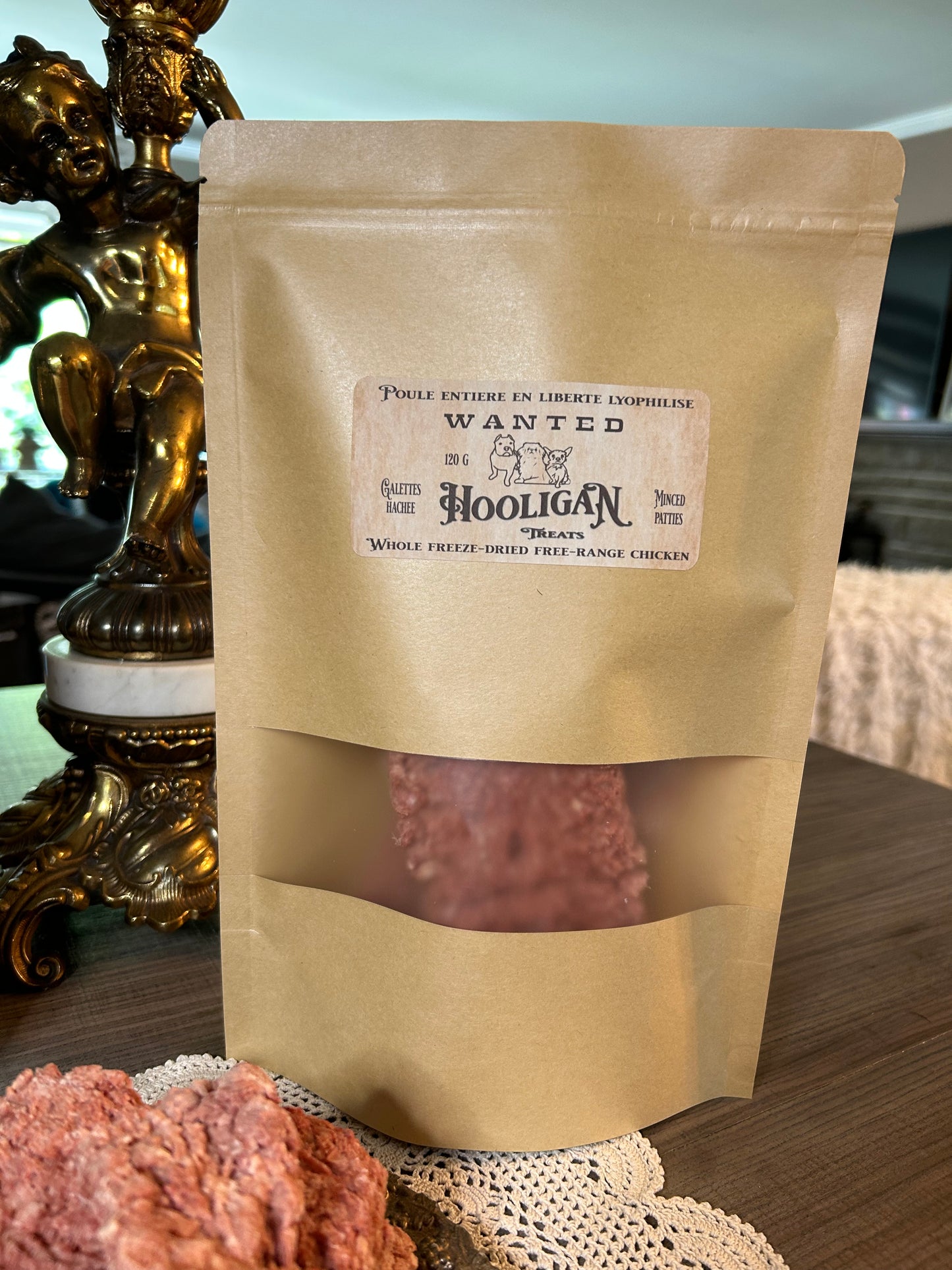 Hooligan treats, whole chicken, minced patties, 120 g bag